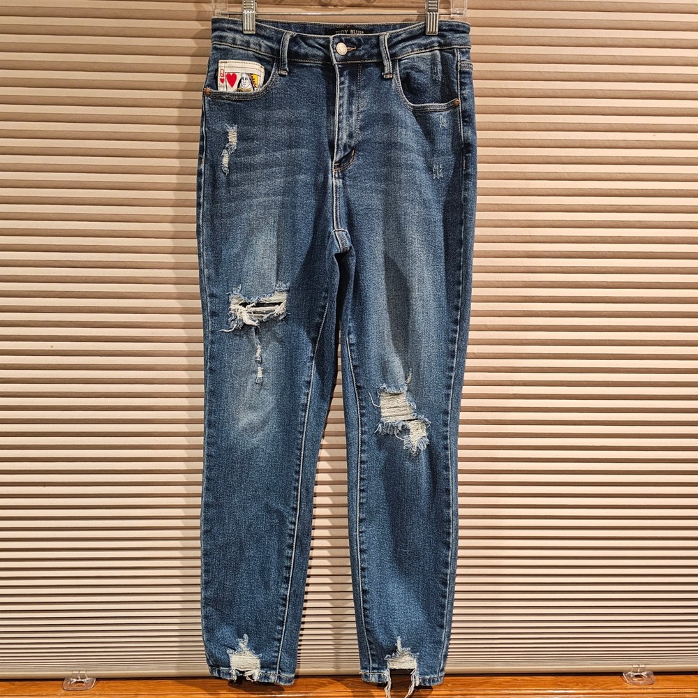 Judy Blue Queen of Hearts Distressed High Rise Skinny Jeans Embroidered 7/28